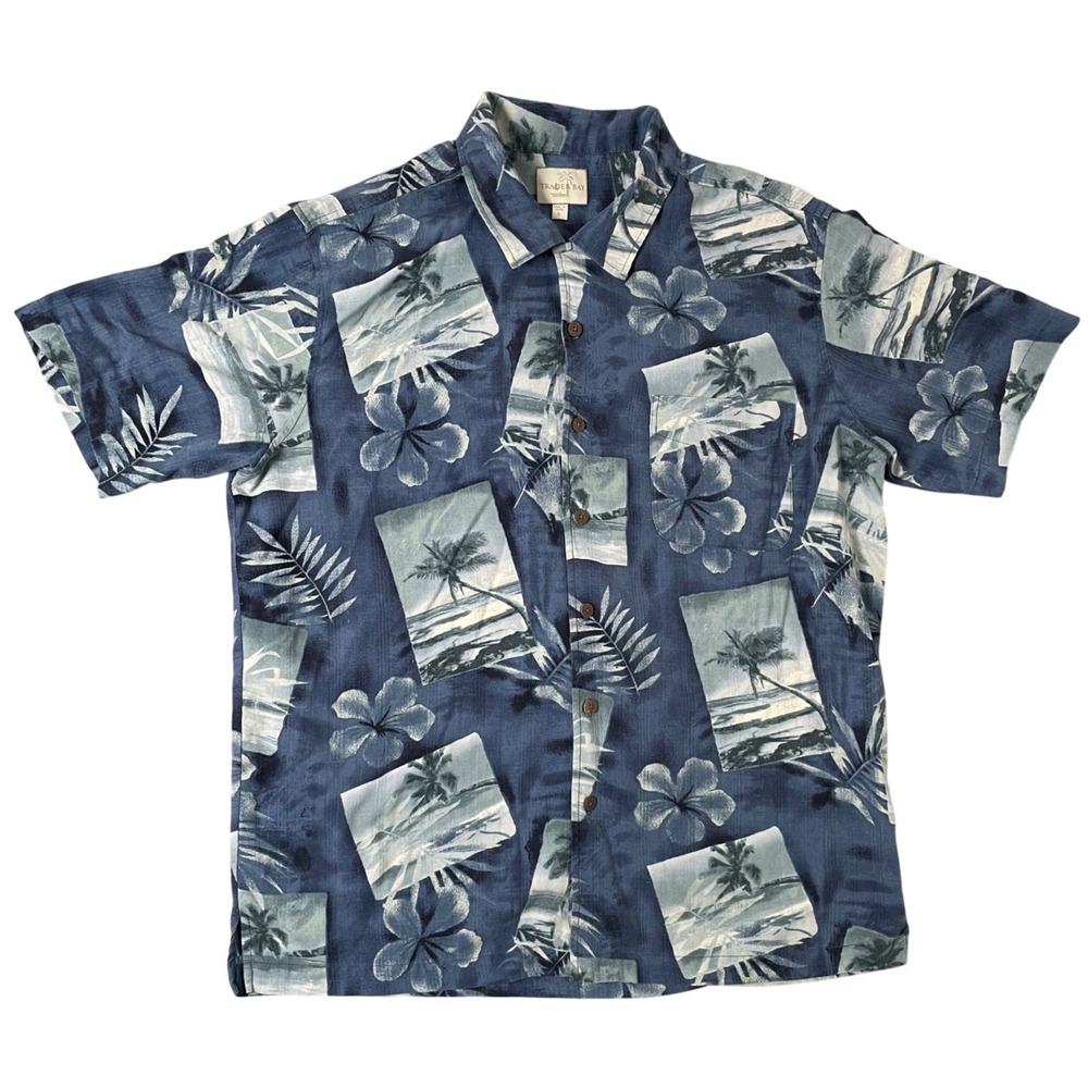 Trader Bay Mens Blue 100% Silk Tropical Palm Tree Floral Button Down Shirt L